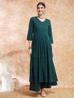 InWeave Women's Forest Green Chikankari Long Anarkali Kurta Sharara Set | Grocsy
