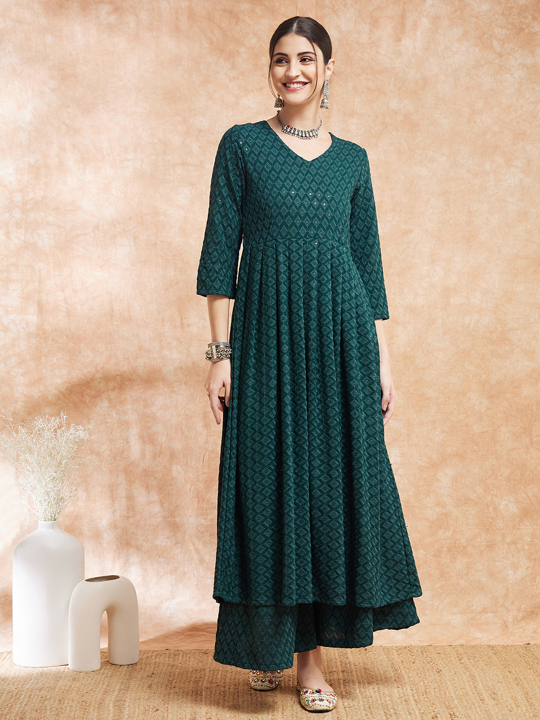 InWeave Women's Forest Green Chikankari Long Anarkali Kurta Sharara Set | Grocsy