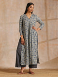 trueBrowns Blue Grey Overall Floral Block On White Print Cotton Kurta Pant Set | Grocsy