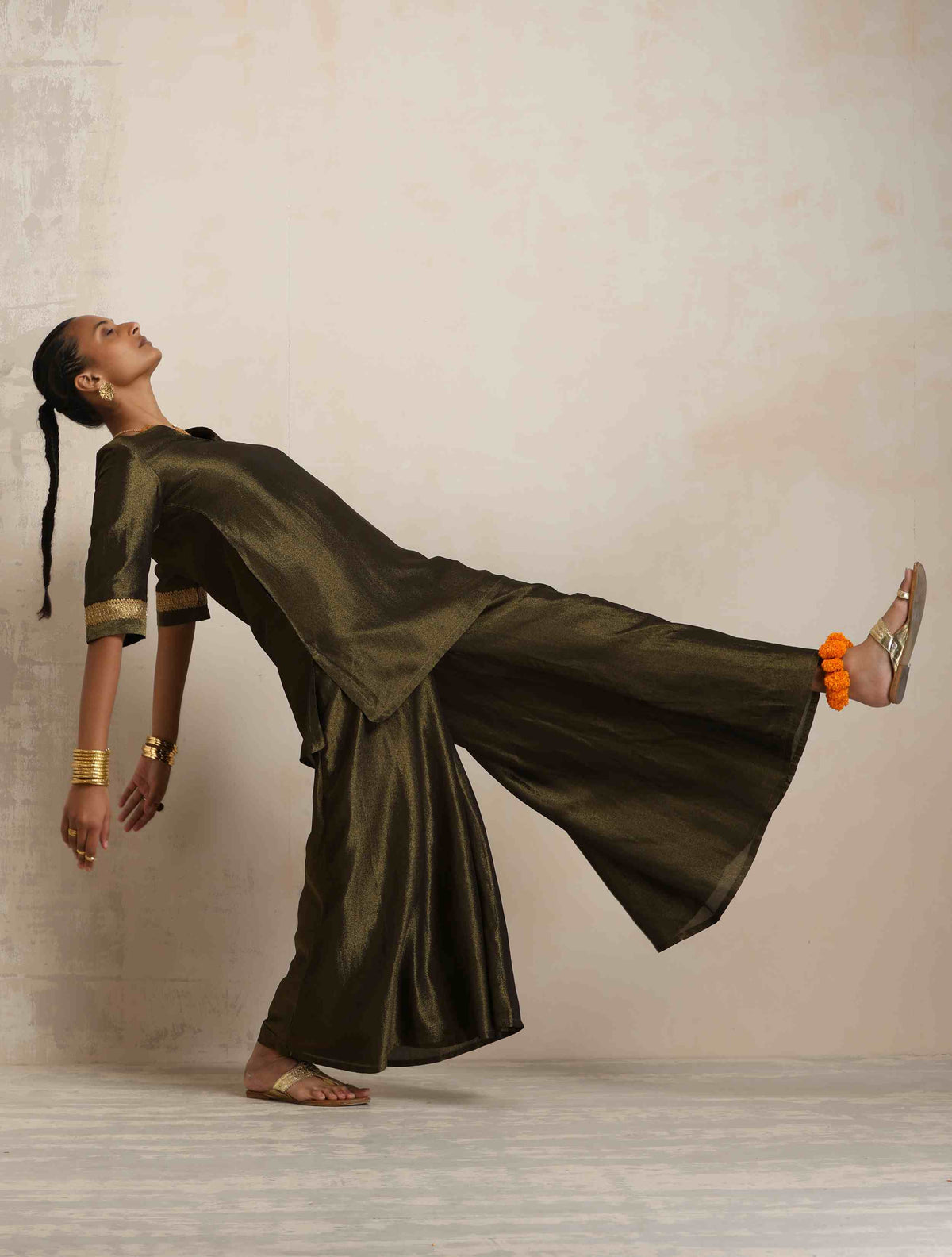 trueBrowns Olive Green Tissue Sharara Set | Grocsy