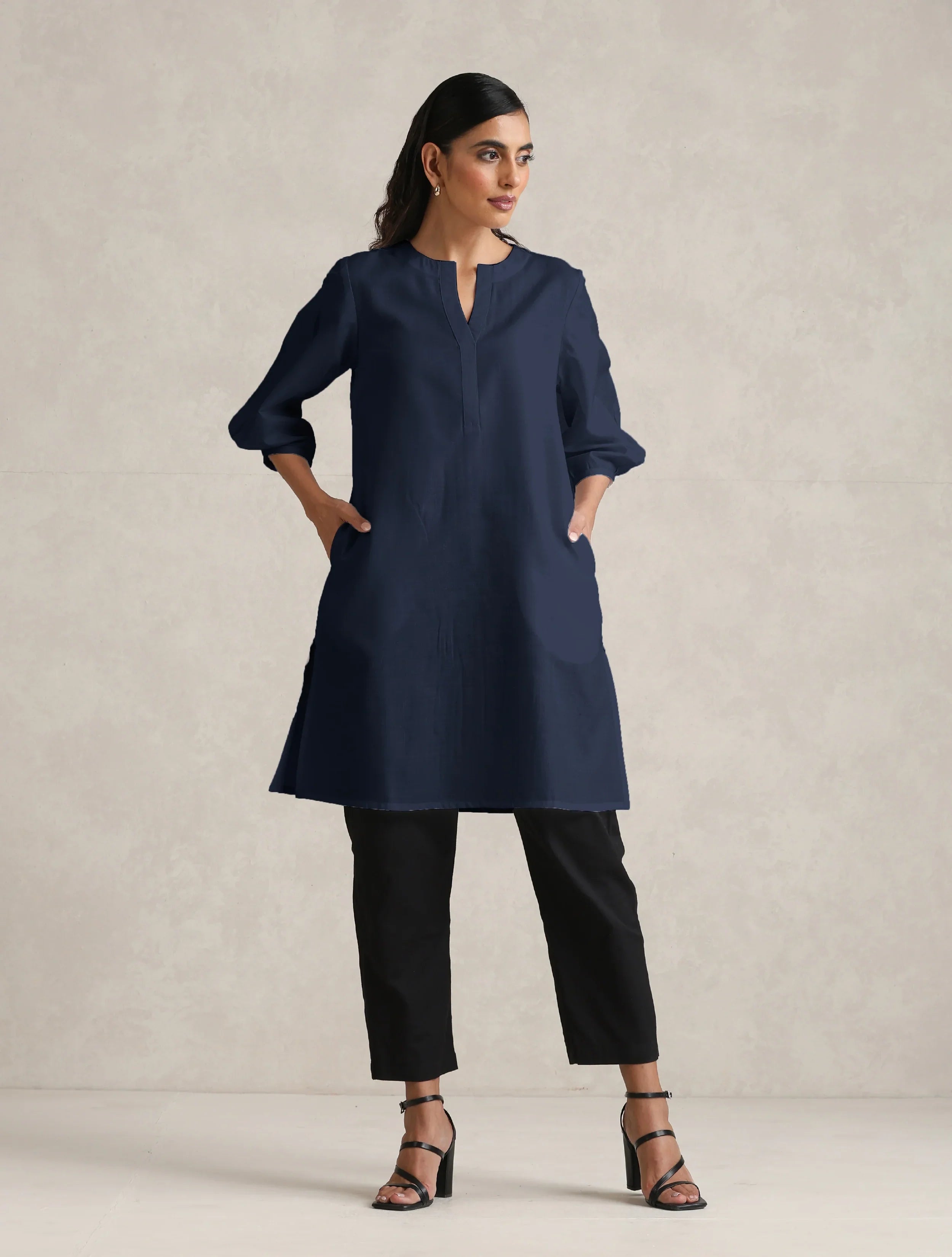 trueBrowns Blue Cotton Blend Short Kurta | Grocsy