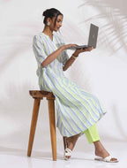 trueBrowns White Cotton Multi Stripe Flared Kurta Set | Grocsy