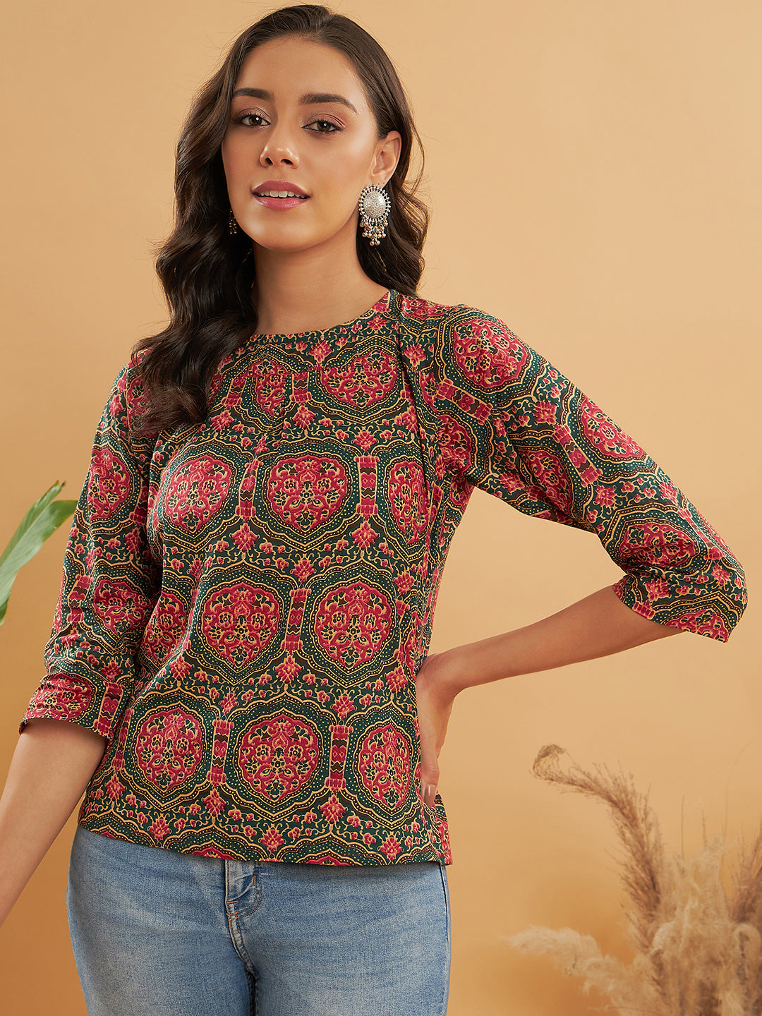 InWeave Women's Green Red Mughal Kalamkari Top | Grocsy