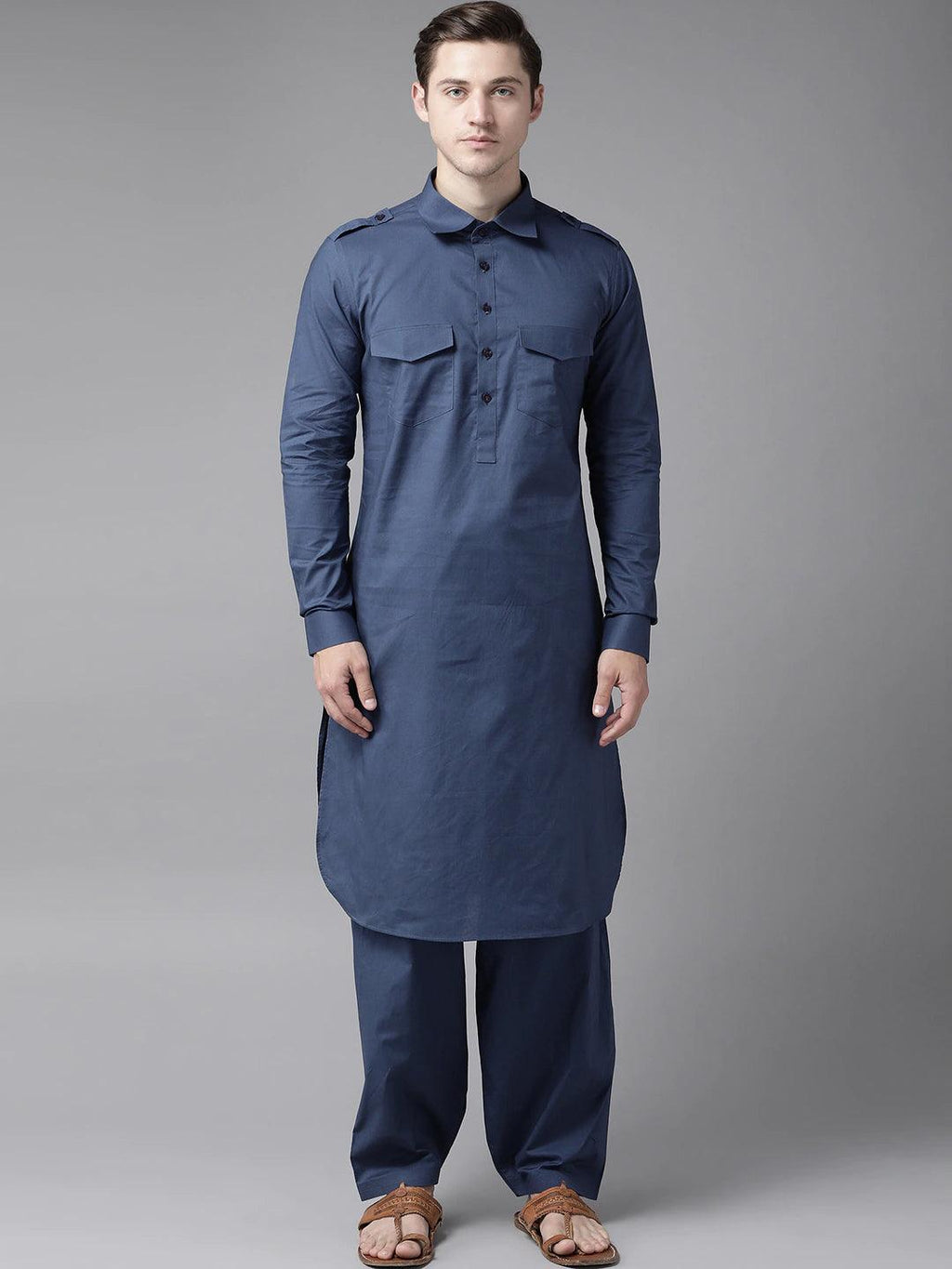 Fabmade Navy Blue Pathani Suit | Grocsy