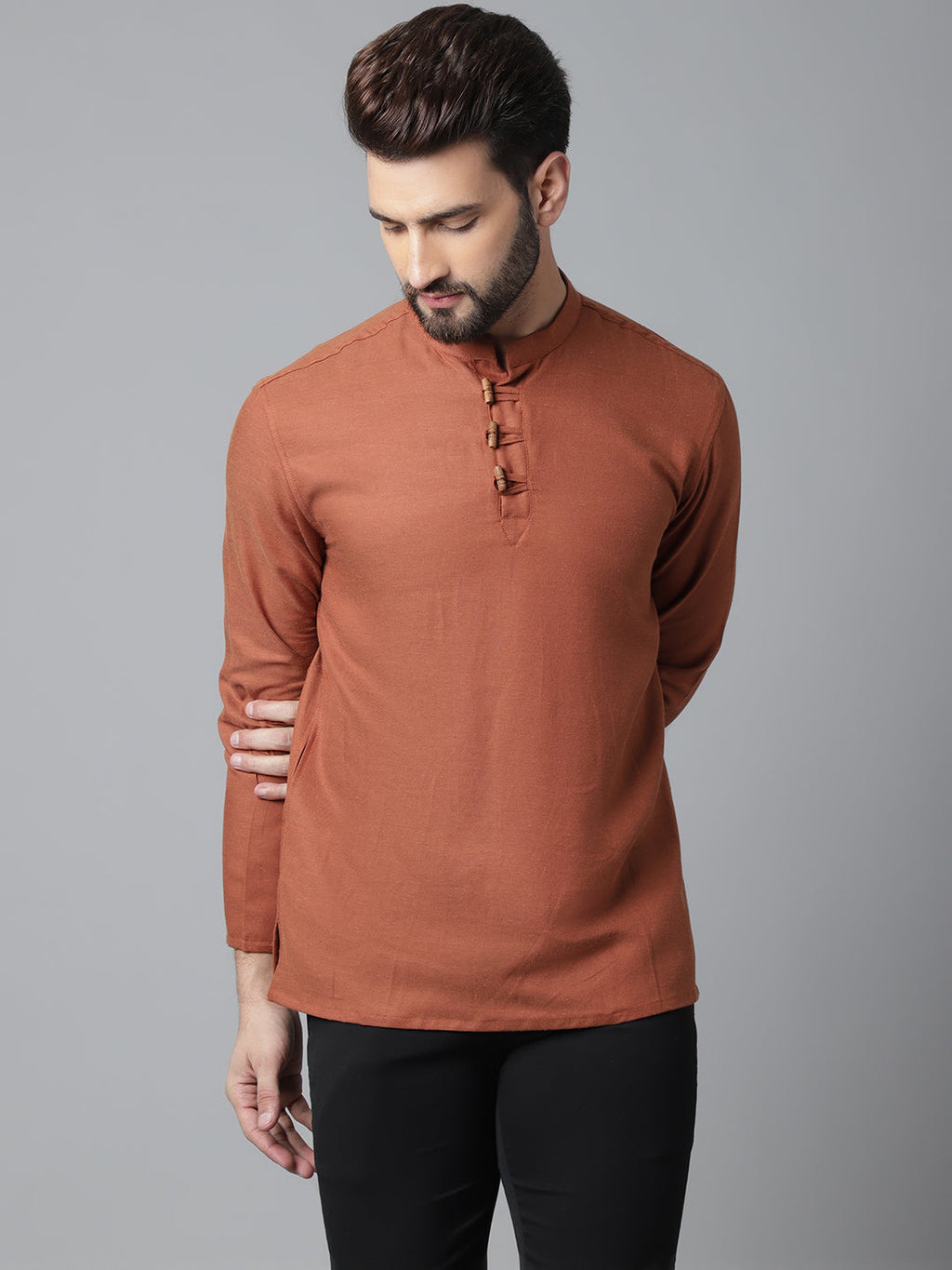 Even Apparels Rust Pure Cotton Kurta With Band Collar | Grocsy