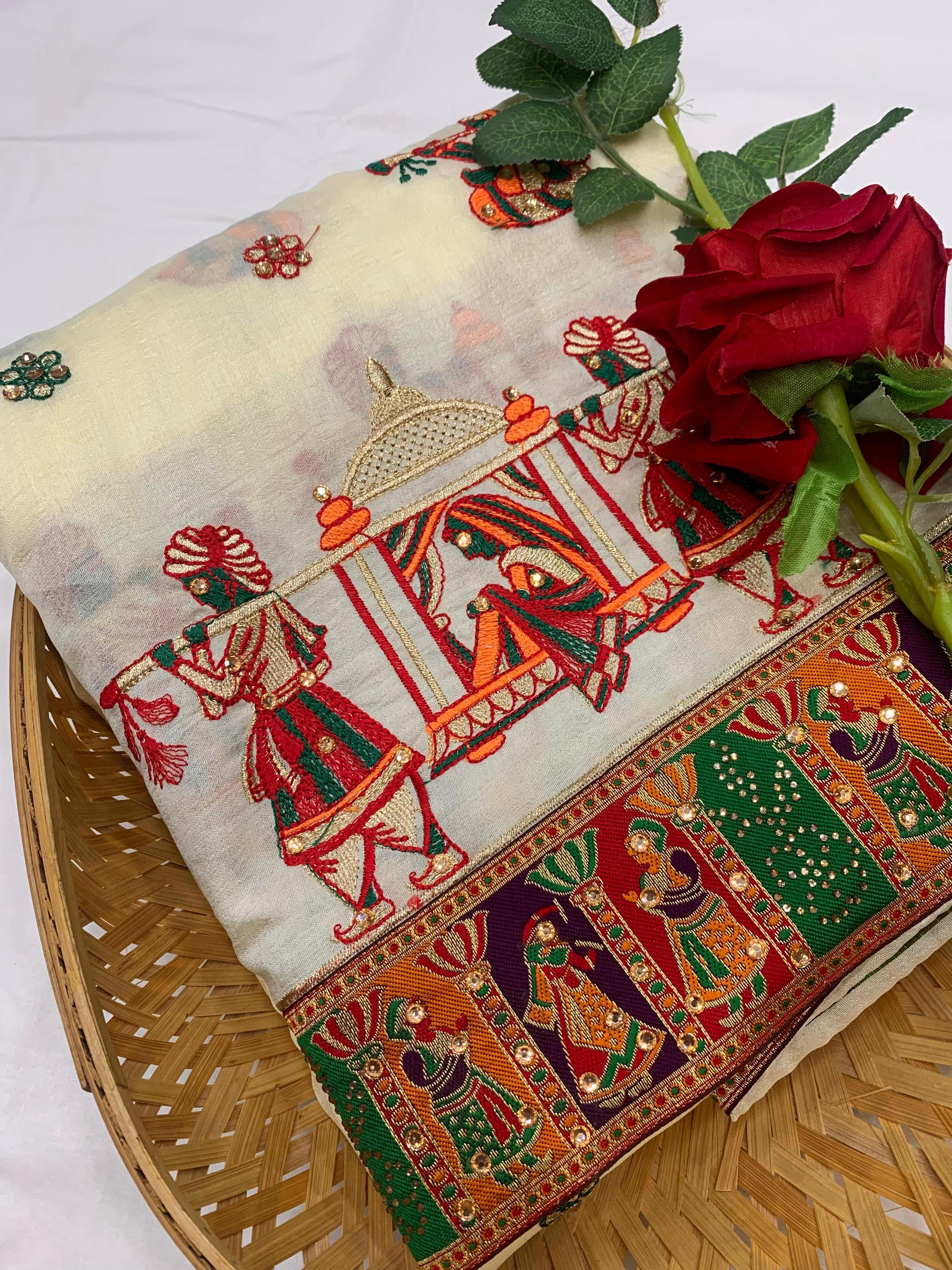 Lorenvalley Fashion Premium White Vichitra Silk Embroidery and Diamond work Both Side Saree | Grocsy