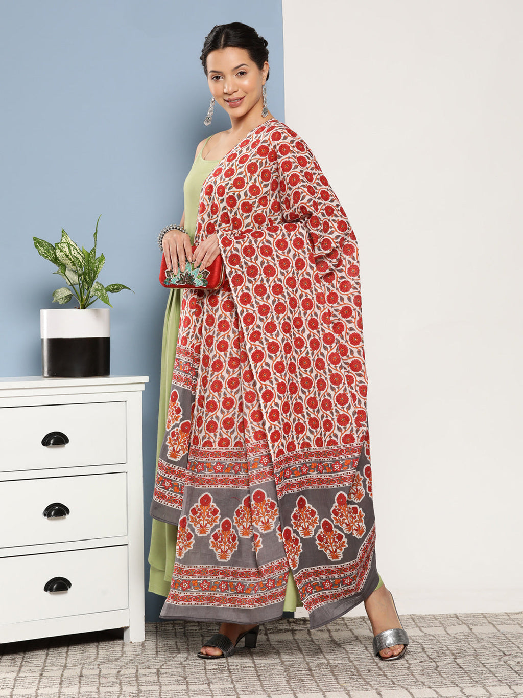 InWeave Women's Light Green Ray Strappy Set With Orange Floral Cotton Dupatta | Grocsy