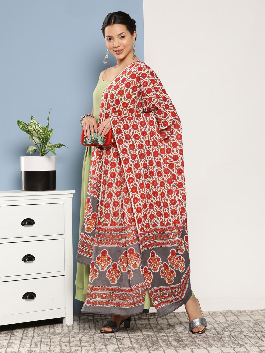 InWeave Women's Light Green Ray Strappy Set With Orange Floral Cotton Dupatta | Grocsy