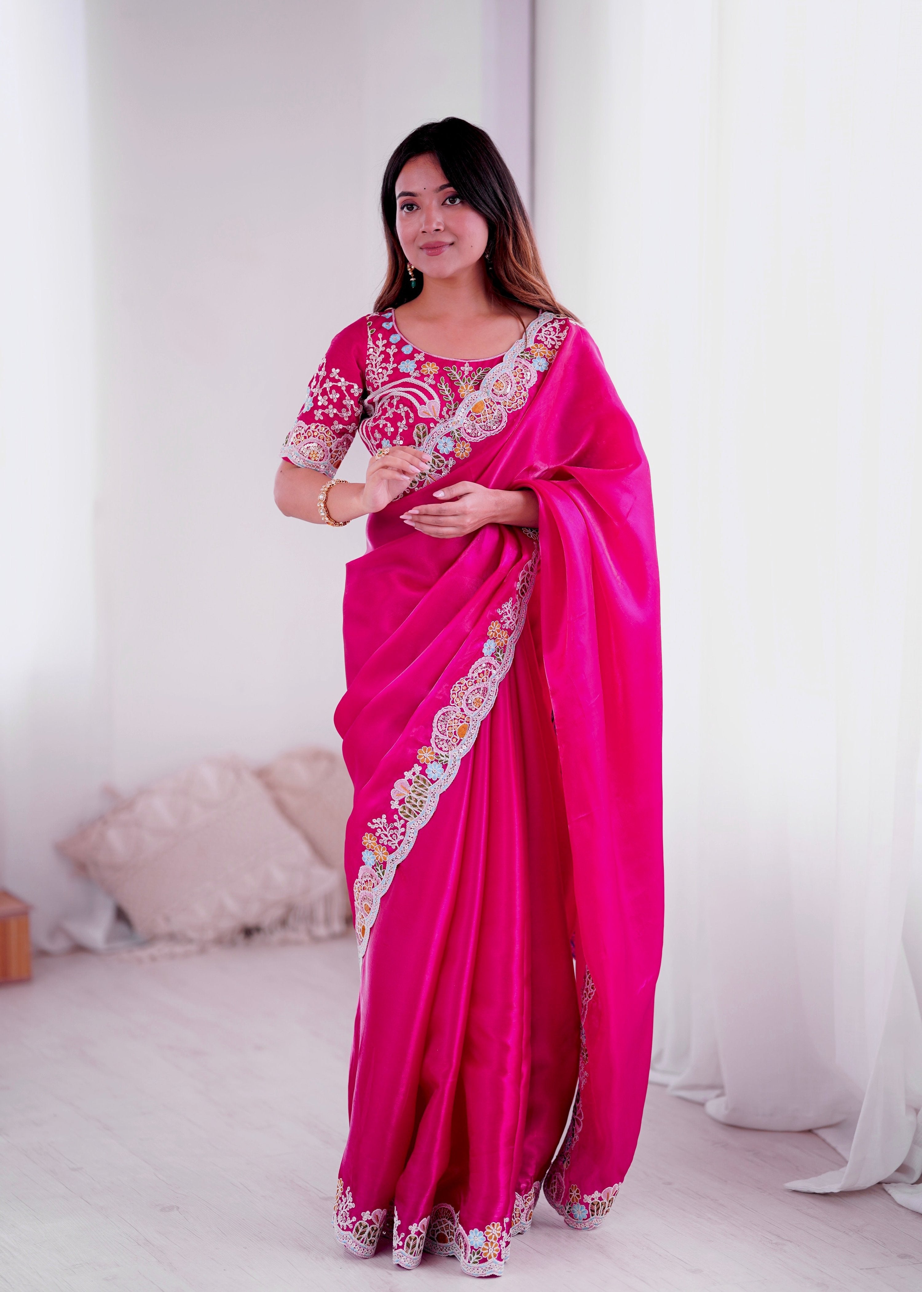 Lorenvalley Fashion Magenta Jimmy Choo with Embroidery Threads Codding & Sequins Work Saree with Blouse | Grocsy
