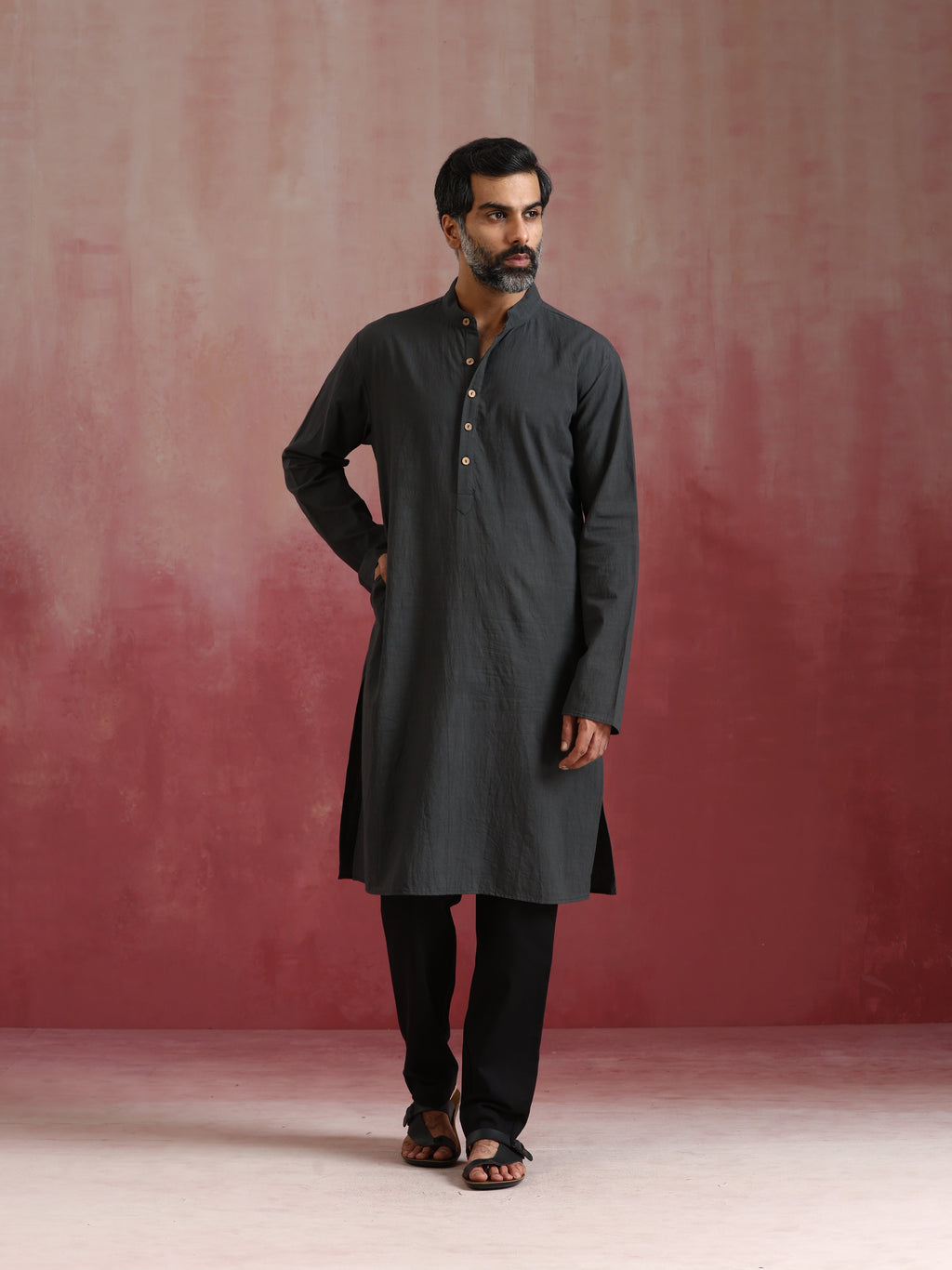 trueBrowns Men's Charcoal Grey Mandarin Collar Kurta | Grocsy