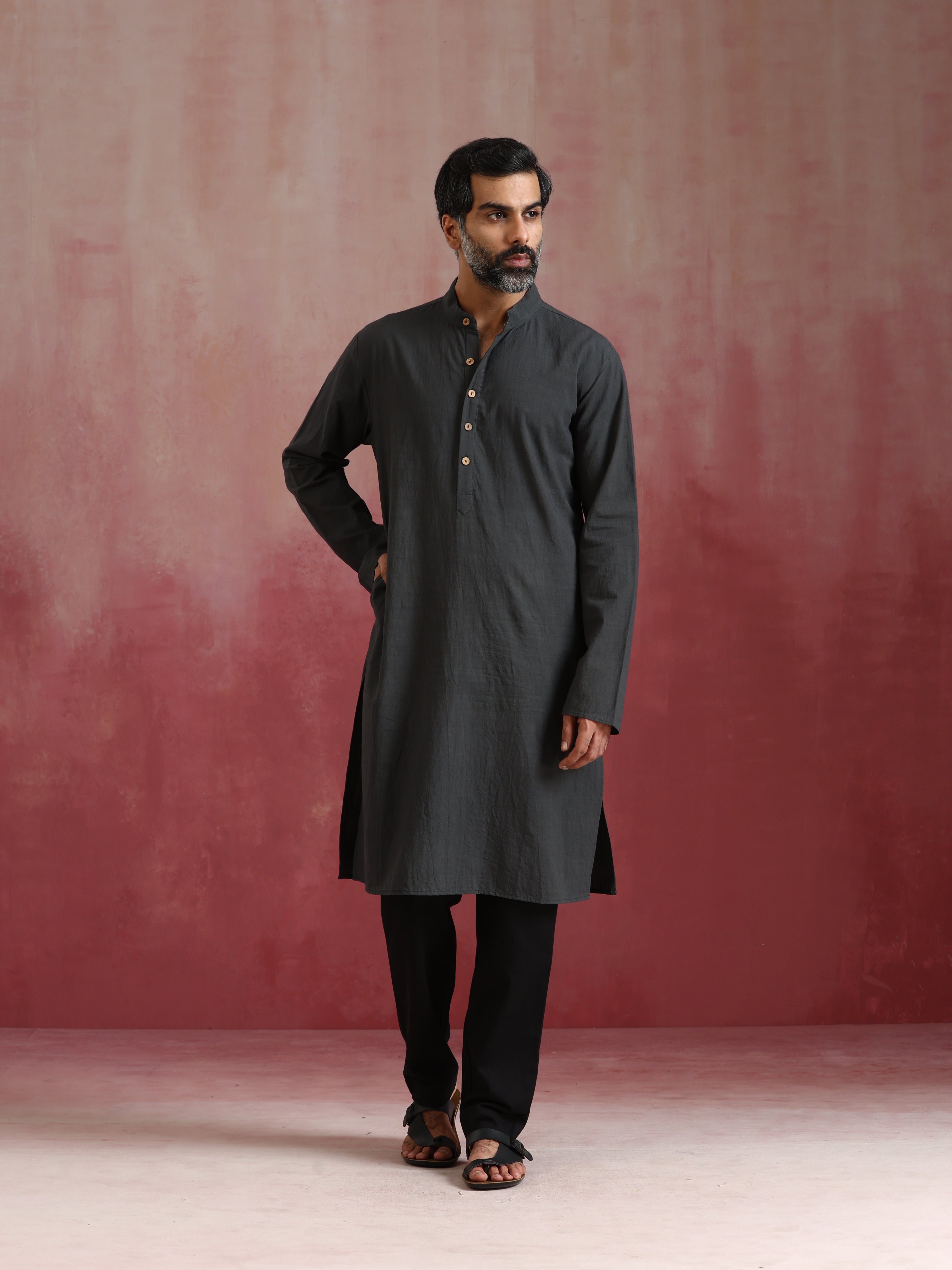 trueBrowns Men's Charcoal Grey Mandarin Collar Kurta | Grocsy