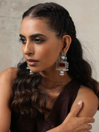trueBrowns Silver Tone Red Stone Dangle Earrings | Grocsy