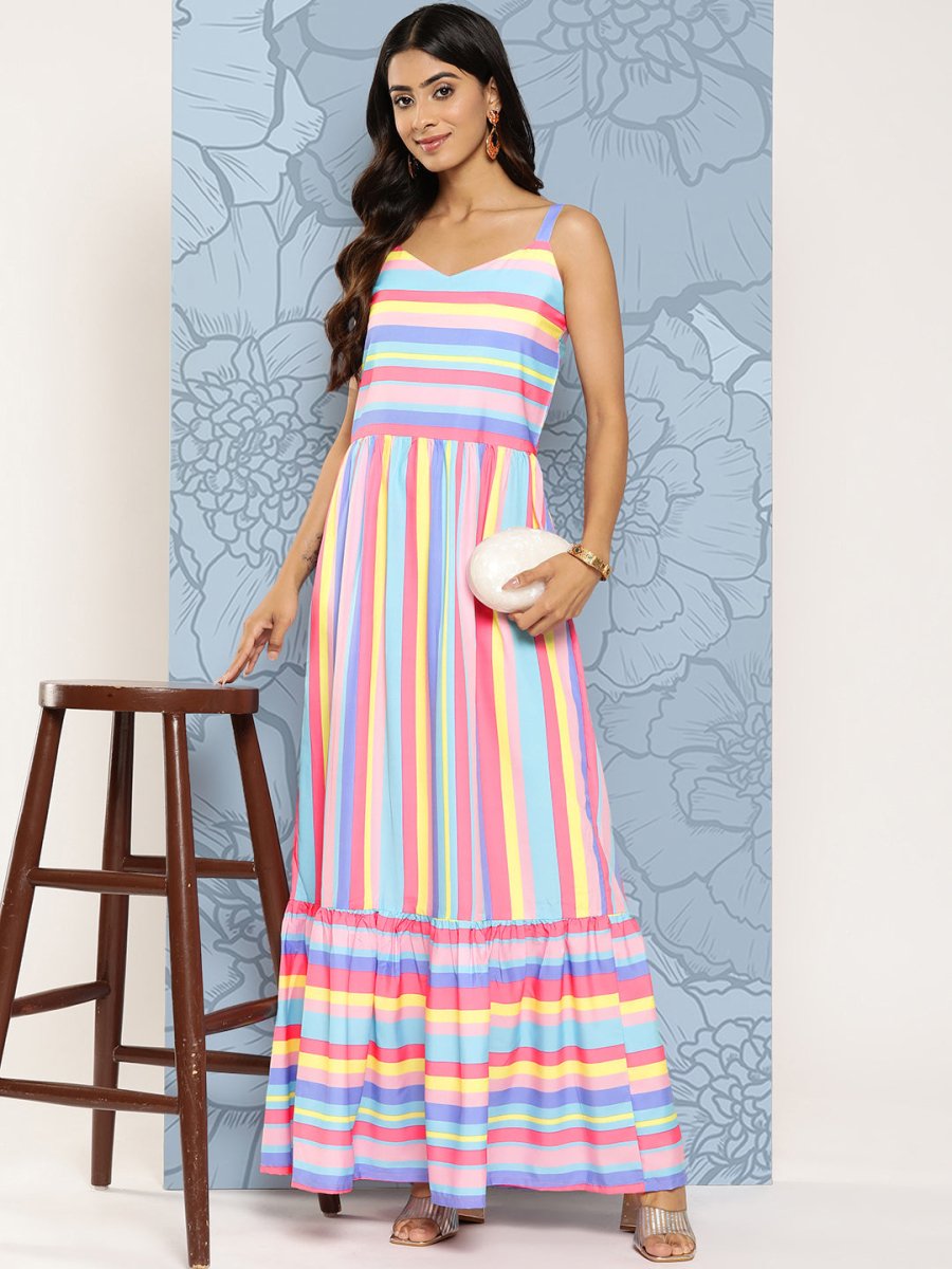 Ahalyaa Striped Crepe Maxi Ethnic Dress | Grocsy