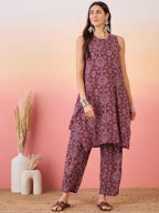 InWeave Maroon Navy Ajrakh Foil Round Neck Kurta Pant Set | Grocsy