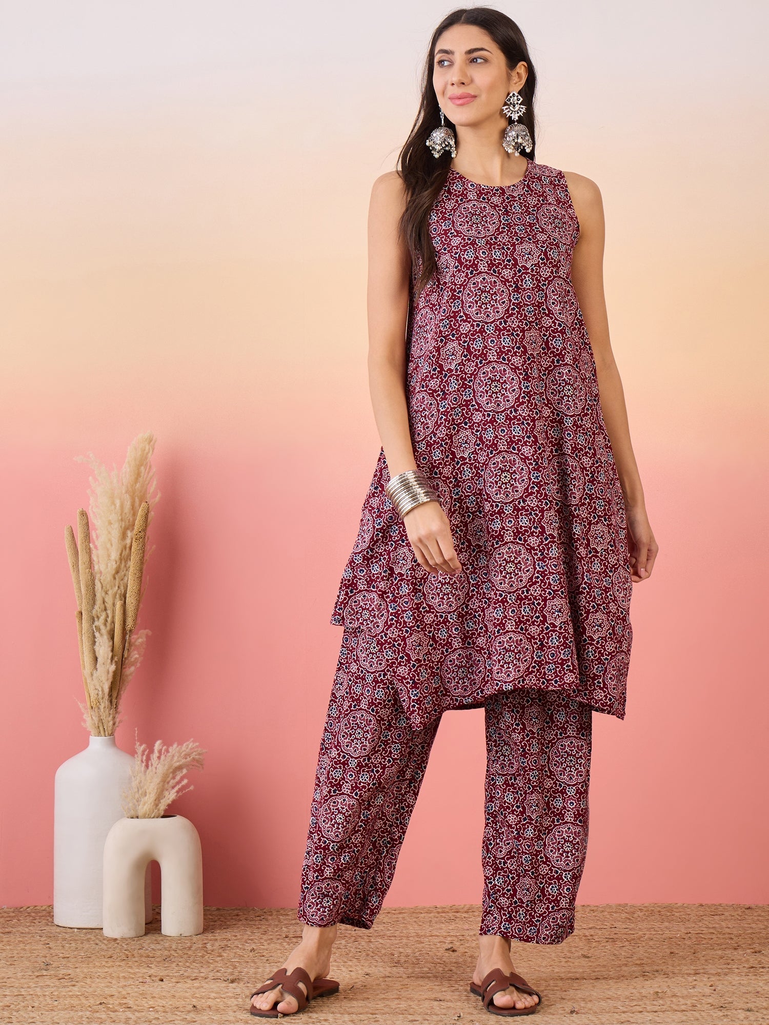 InWeave Maroon Navy Ajrakh Foil Round Neck Kurta Pant Set | Grocsy