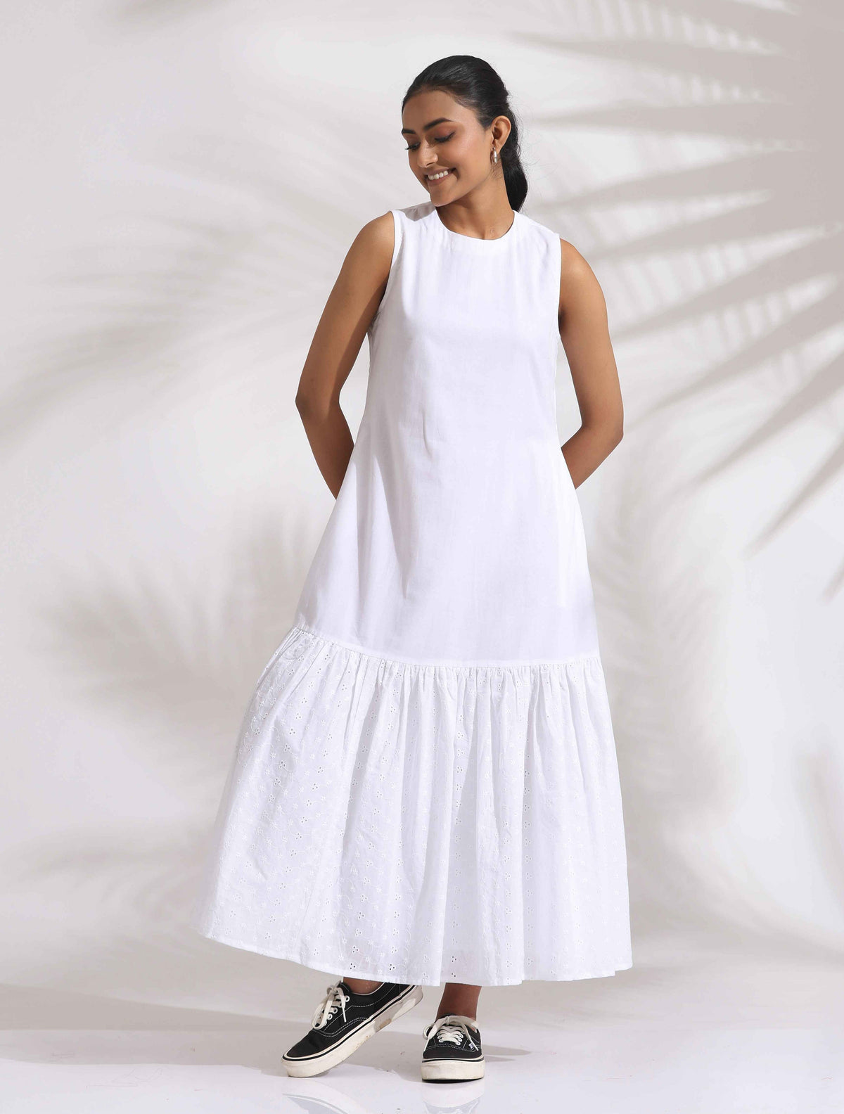 trueBrowns White Cotton Schiffli Tier Dress | Grocsy