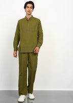 Fabmade Olive Stripe Linen Kurta Set | Grocsy