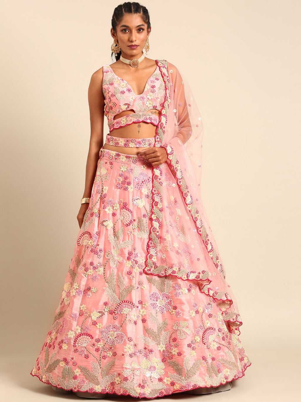 House of Panchhi Pink Organza Sequins And Zarkan Embroidery Lehenga Choli & Dupatta | Grocsy