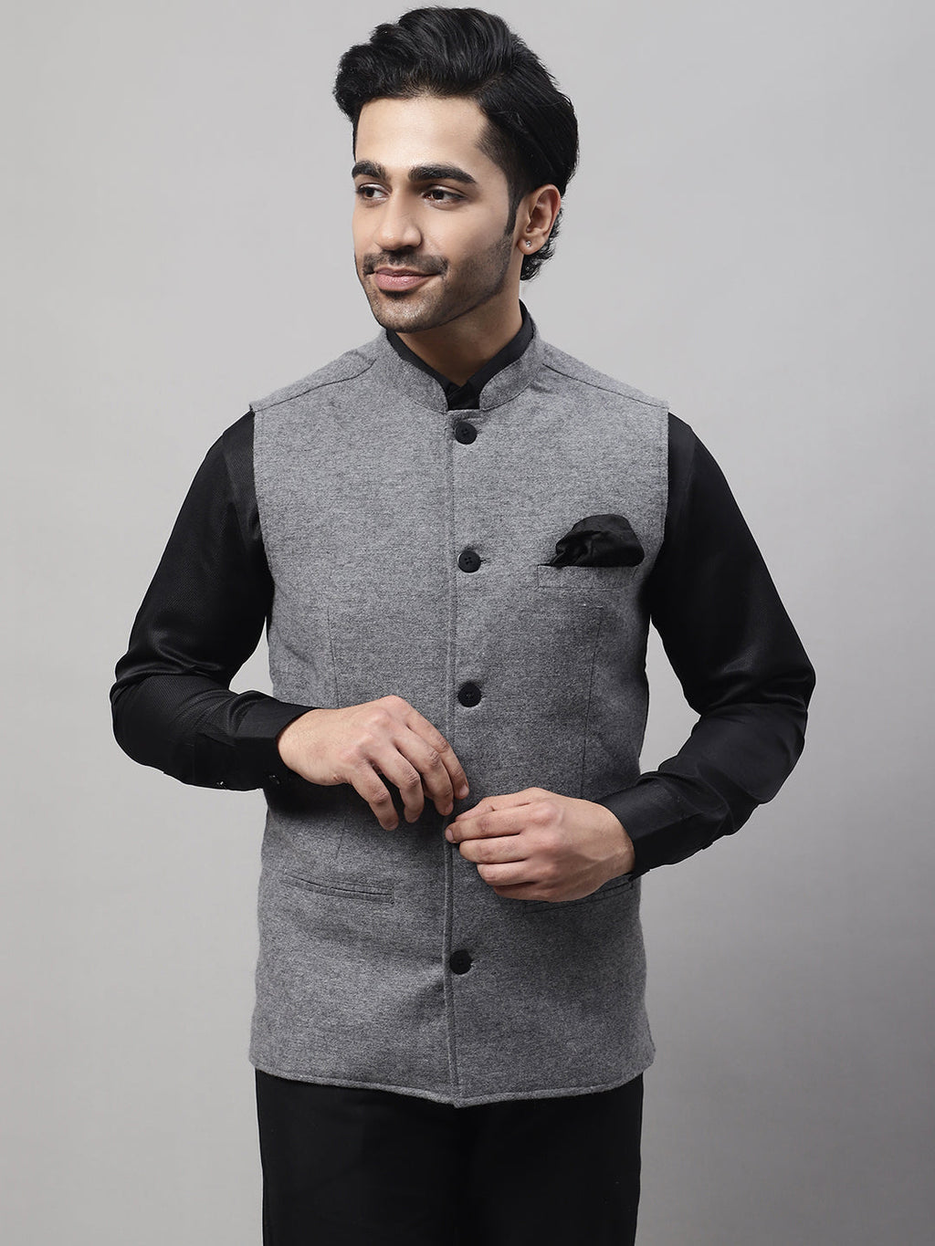 Even Apparels Men's Grey Pure Wool Nehru Jacket | Grocsy