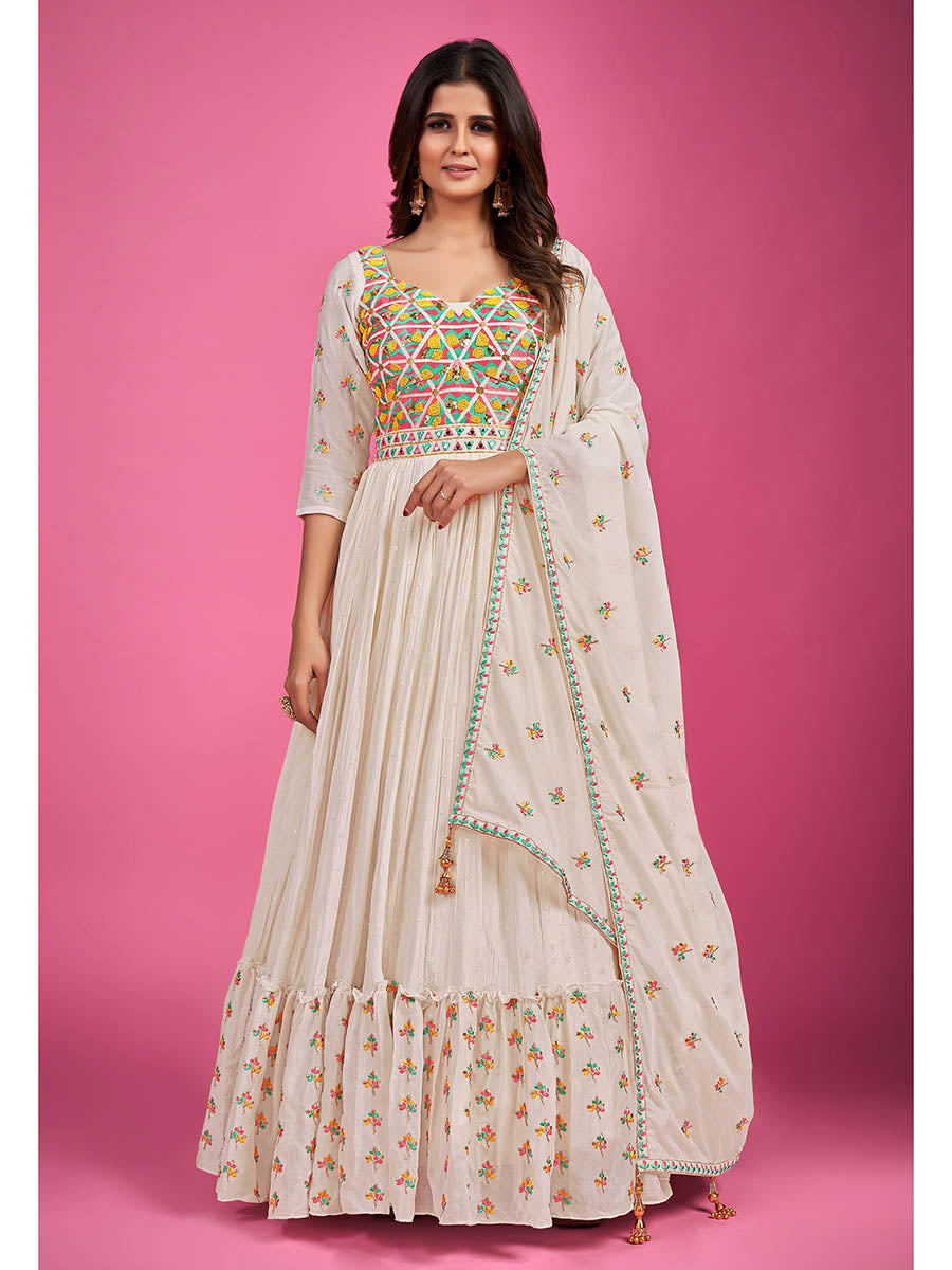 Myra White Chinon Silk Embroidered Gown | Grocsy