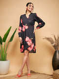 InWeave Women's Black Red Big Flower Belted Dress | Grocsy