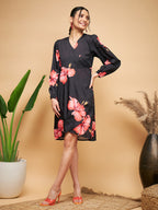 InWeave Women's Black Red Big Flower Belted Dress | Grocsy