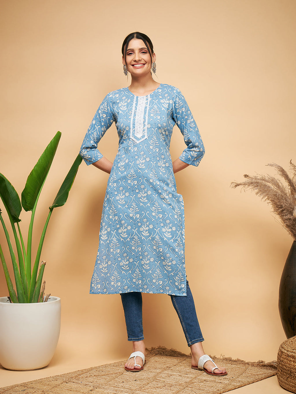 InWeave Women's Powder Blue White Print Lace Straight Kurta | Grocsy