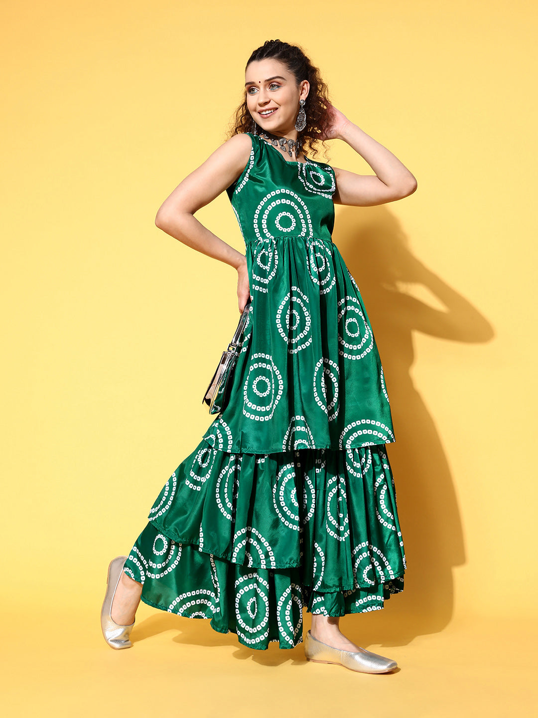 InWeave Women's Green Bandhani Motif Tiered Sharara Set | Grocsy