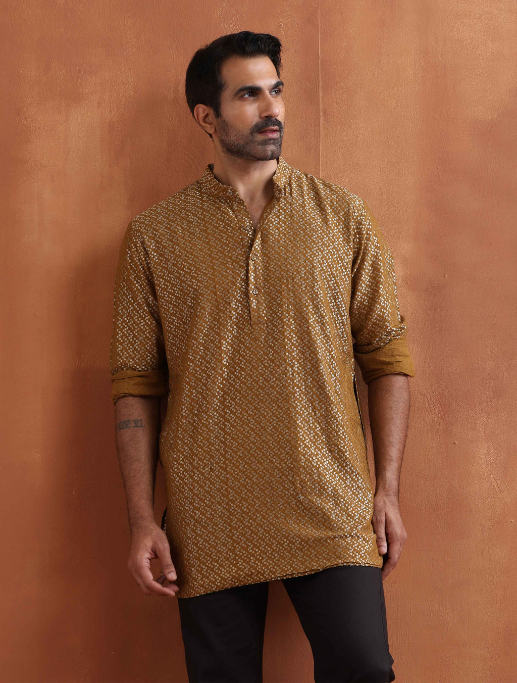 trueBrowns Men's Mustard Cotton Dobby Short Kurta | Grocsy