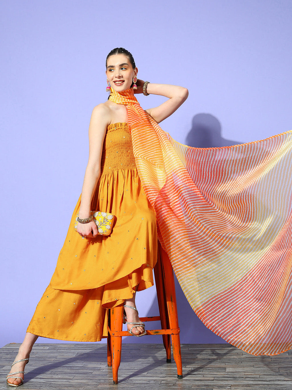InWeave Women's Mustard Mirror Work Off Shoulder Kurta Set With Dupatta | Grocsy