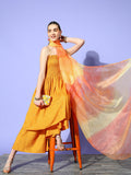 InWeave Women's Mustard Mirror Work Off Shoulder Kurta Set With Dupatta | Grocsy