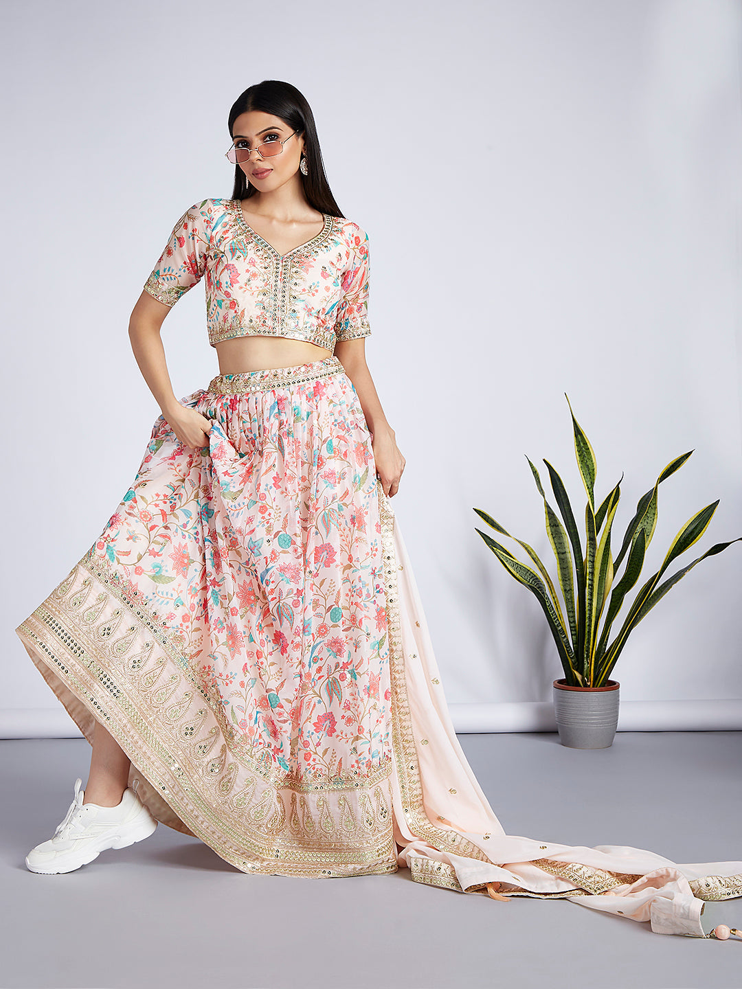 House of Panchhi Cream Colour Organza Floral Design Digital Print Lehenga Choli & Dupatta | Grocsy