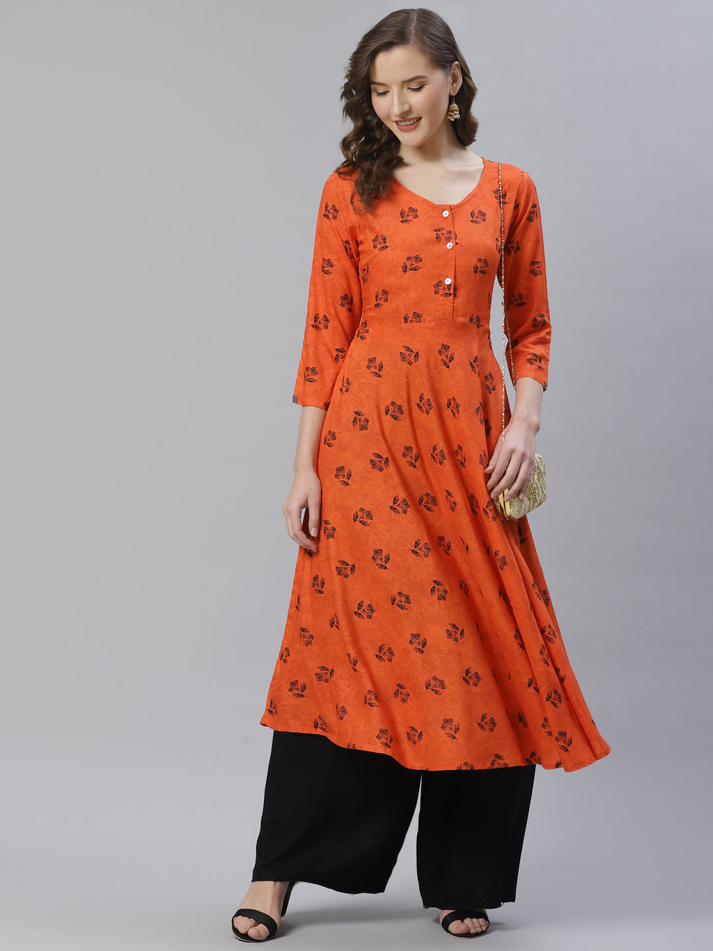 Jompers Women Orange & Black Floral Printed A-Line Kurta | Grocsy