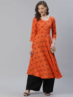 Jompers Women Orange & Black Floral Printed A-Line Kurta | Grocsy