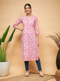 InWeave Women's Pink Foil White Print Angrakha Stright Kurta | Grocsy