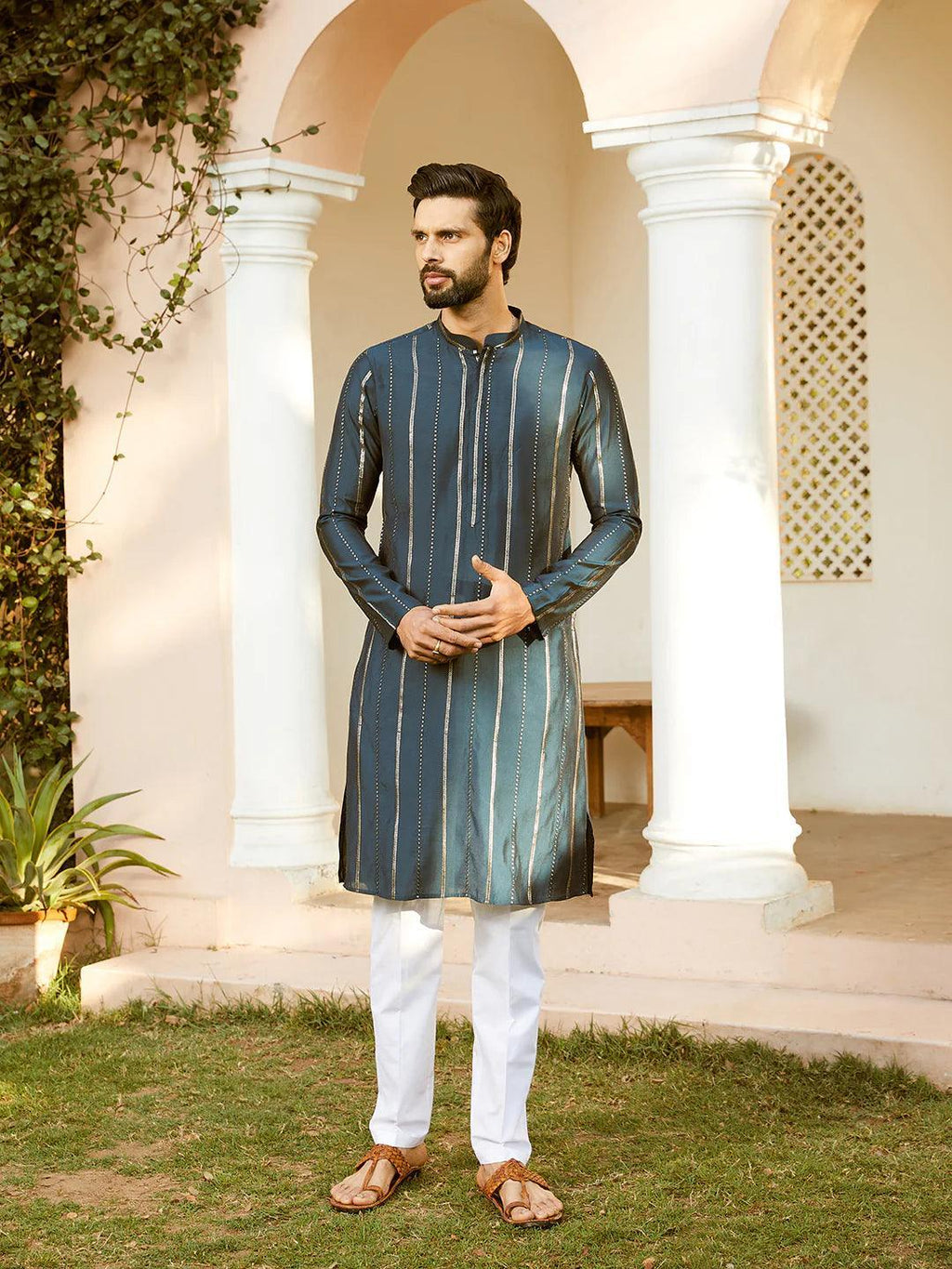Fabmade Embroidered Regular Sequinned Chanderi Silk Kurta With Pyjamas | Grocsy