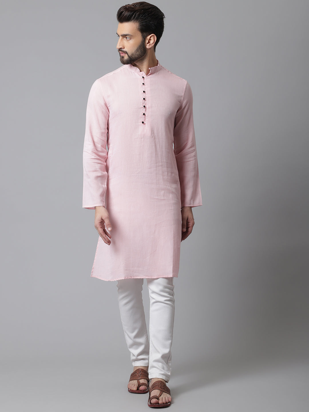 Even Apparels Pink Pure Cotton Kurta With Band Collar | Grocsy
