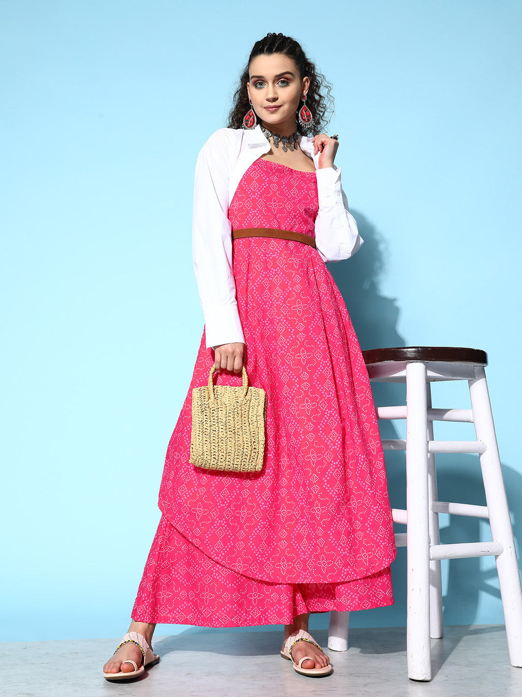 InWeave Women's Pink Bandhani Strappy Kurta Set | Grocsy
