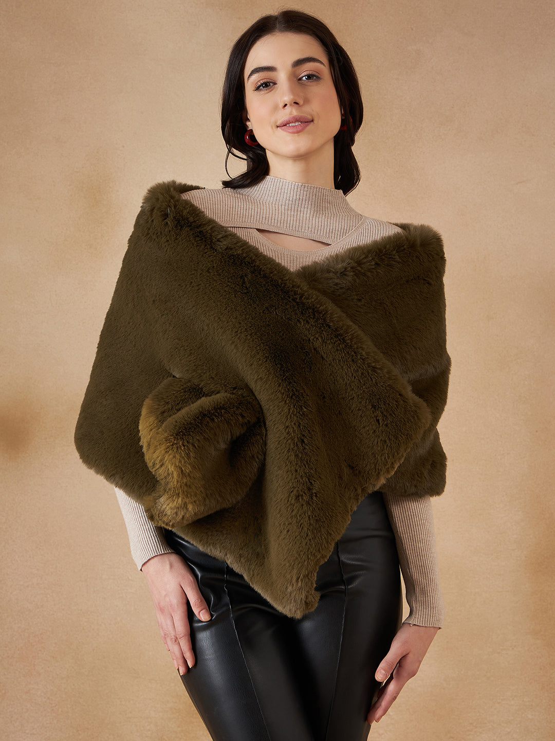 InWeave Women's Mehandi Green Long Faux Fur Cape | Grocsy