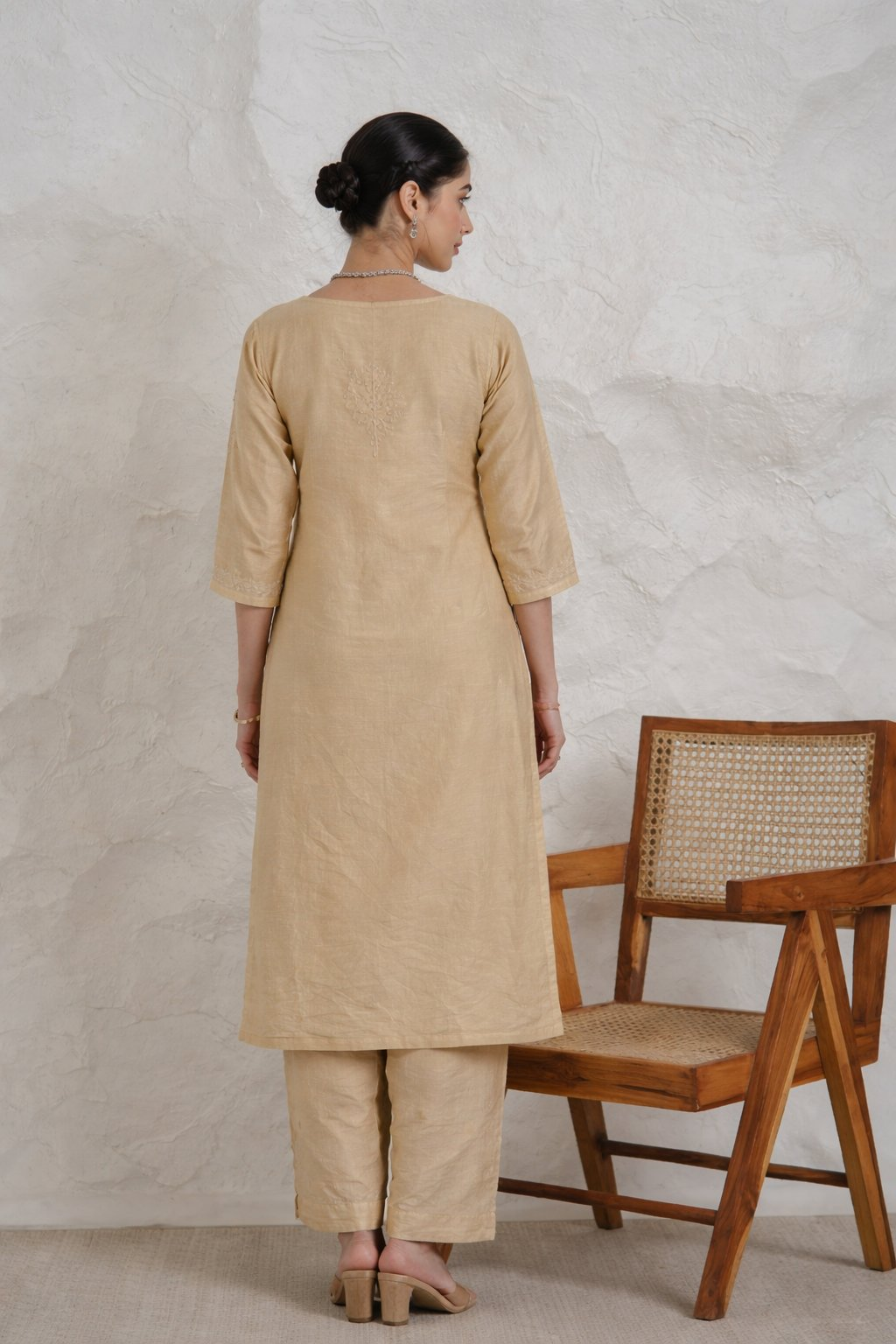 Gharana India Chanderi Beige Kurta Set With Embroidered Palazzo | Grocsy