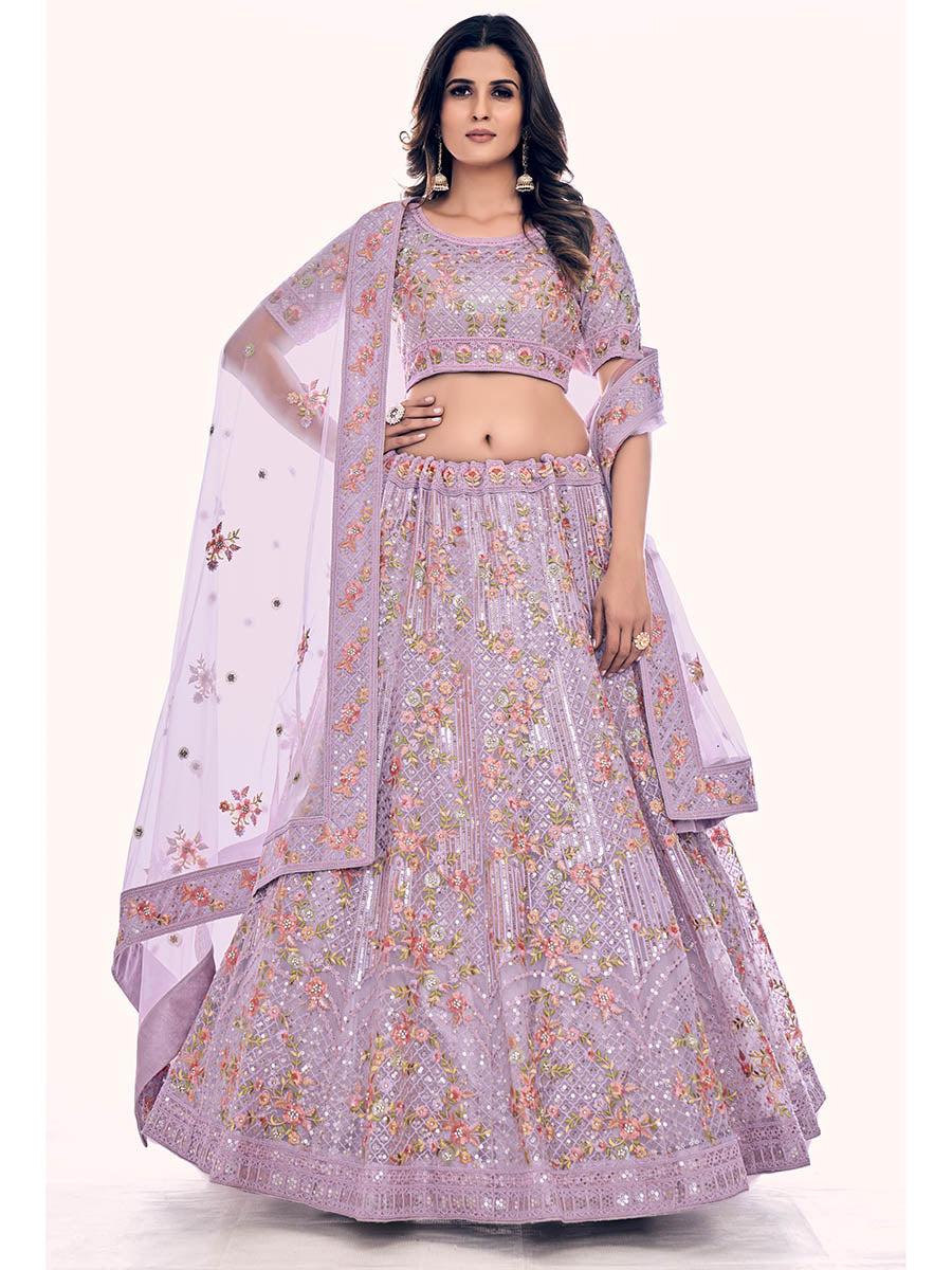 Myra Lilac Soft Net Embroidered Designer Lehenga Choli | Grocsy