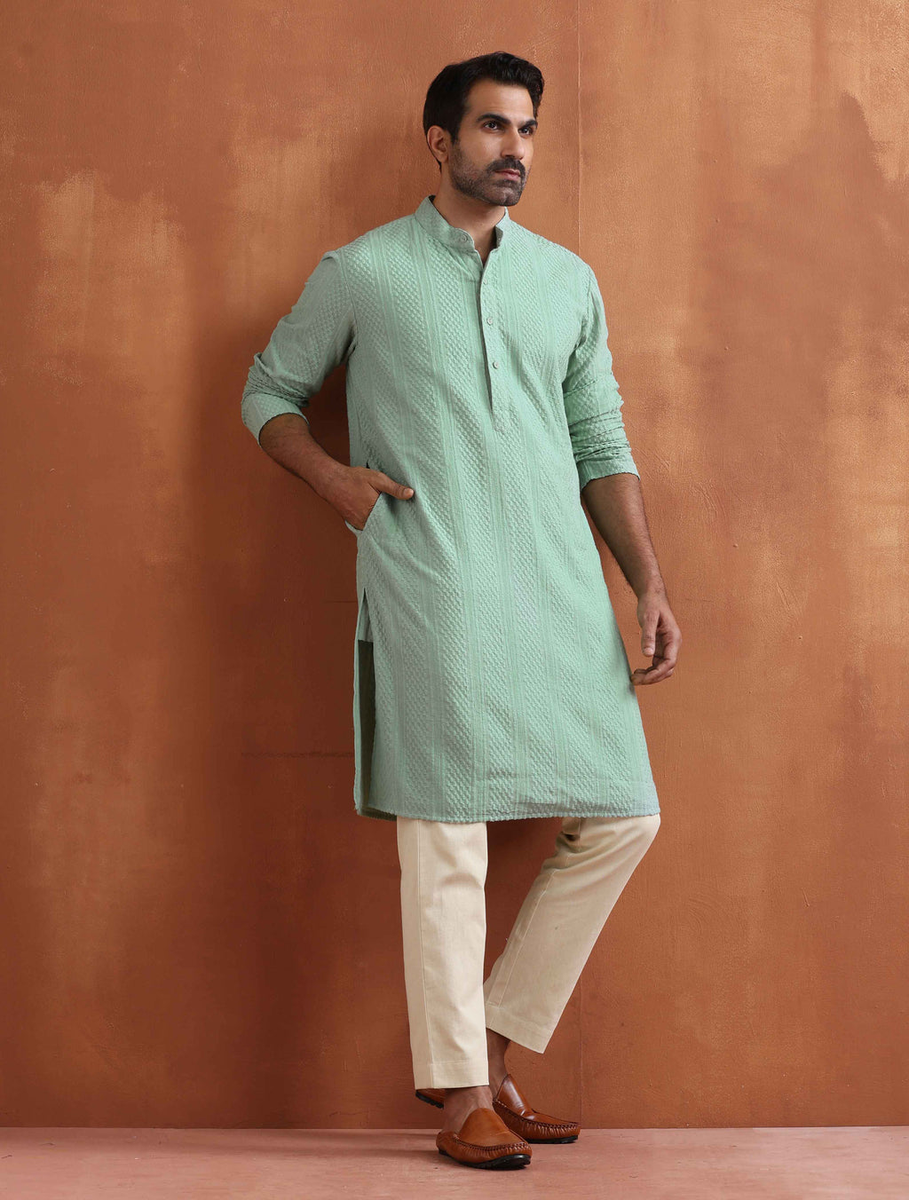 trueBrowns Men's Green Cotton Dobby Kurta | Grocsy