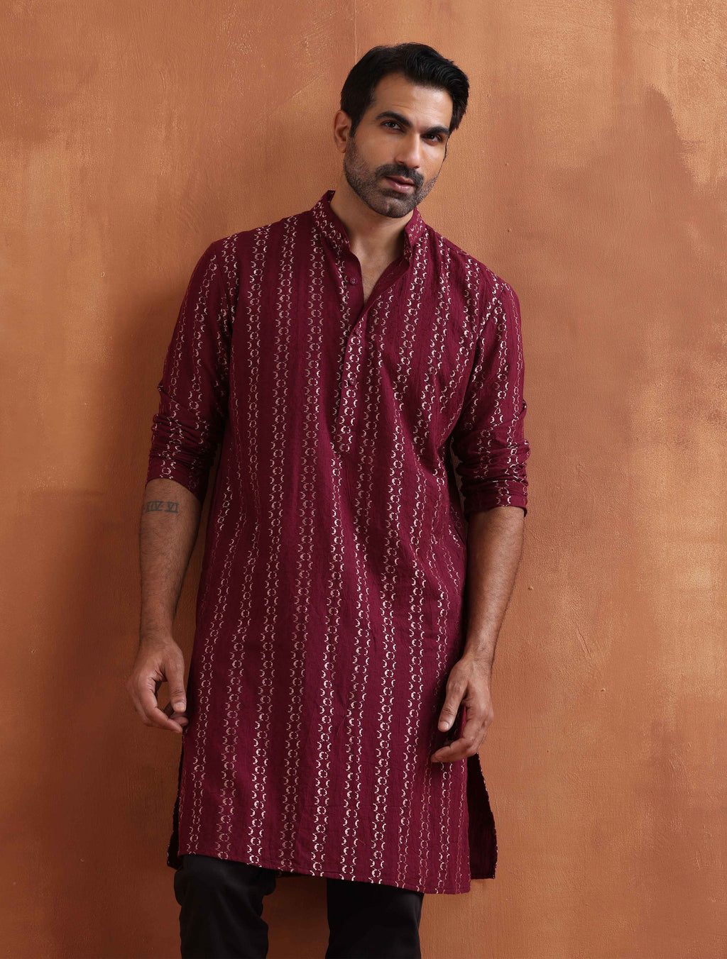 trueBrowns Men's Dark Purple Cotton Dobby Kurta | Grocsy