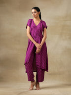 trueBrowns Purple Bandhani Printed Silk Drop Shoulder Kurta Pant Set | Grocsy