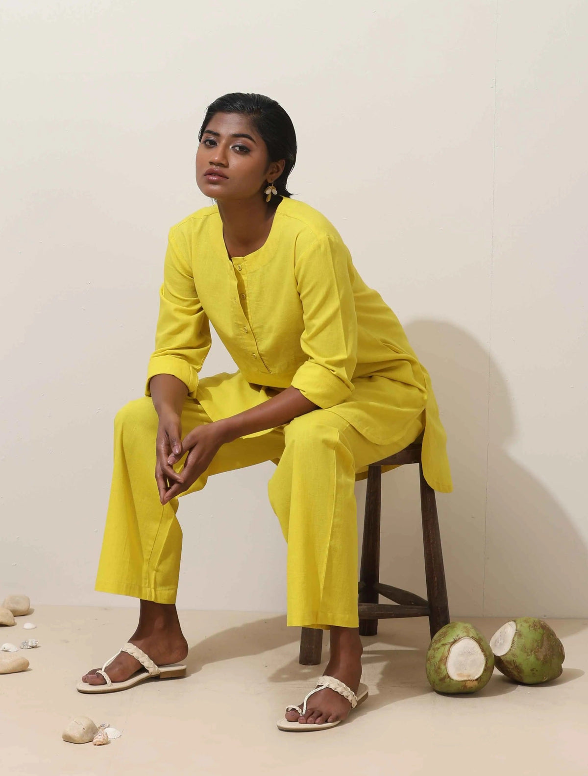 trueBrowns Lime Cotton Linen Kurta Co-Ord Set | Grocsy