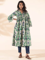 trueBrowns Green Cotton Ikat Flared Kurta Pant Set | Grocsy