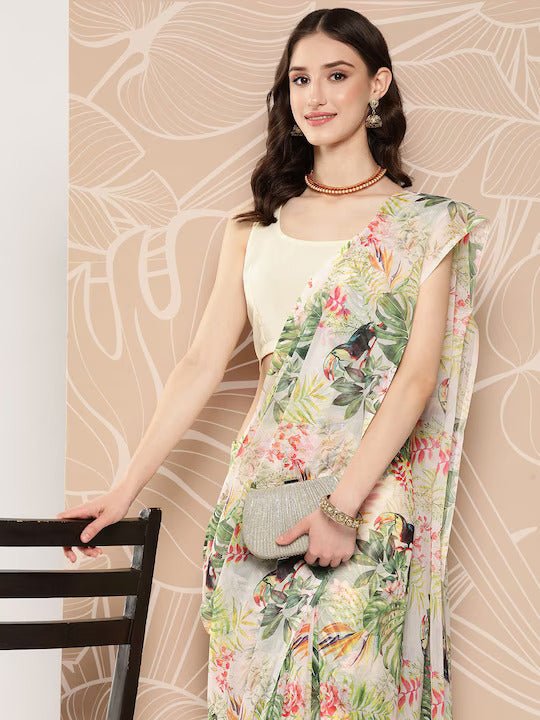 Ahalyaa Floral Printed Poly Chiffon Saree | Grocsy