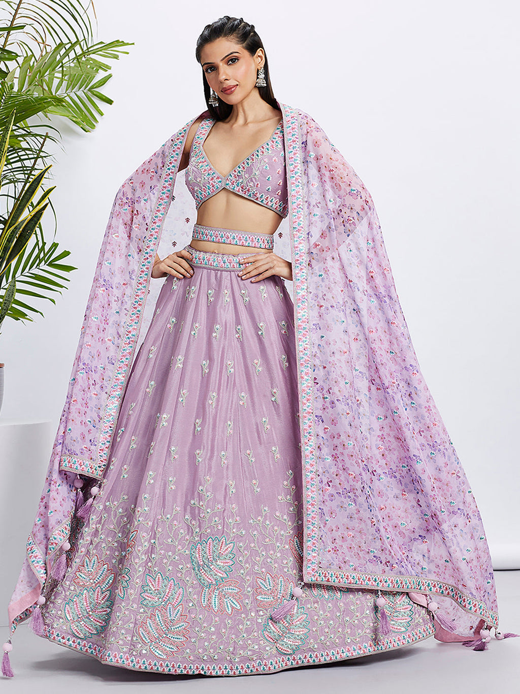 House of Panchhi Lavender Georgette Sequins And Thread Embroidery Lehenga Choli & Dupatta | Grocsy