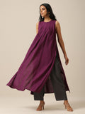 trueBrowns Plum Purple Slub Texture Sleeveless Kurta Pant Set | Grocsy