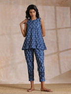 trueBrowns Indigo Dabu Zig-Zag Motifs Print Cotton Sleeveless Co-Ord Set | Grocsy